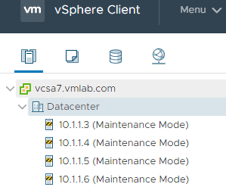 Enter Maintenance Mode: Log in to vCenter and place all 4 ESXi hosts into maintenance mode.