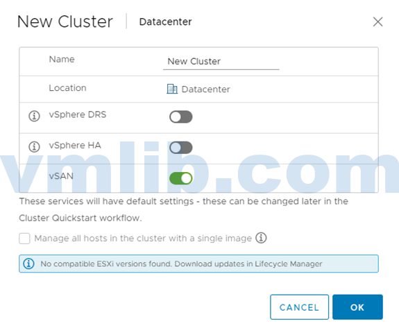 Create a vSAN Cluster: Right-click the data center and create a new vSAN cluster.