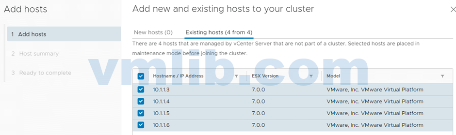 Select and add all 4 ESXi hosts.