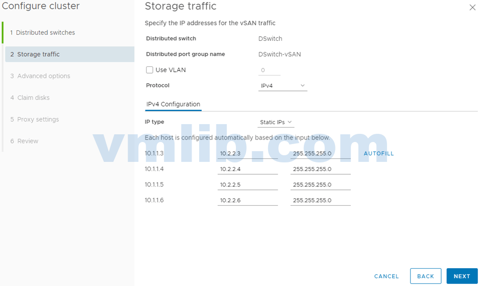 Choose the VMkernel port that will handle vSAN traffic and assign the IP addresses accordingly.