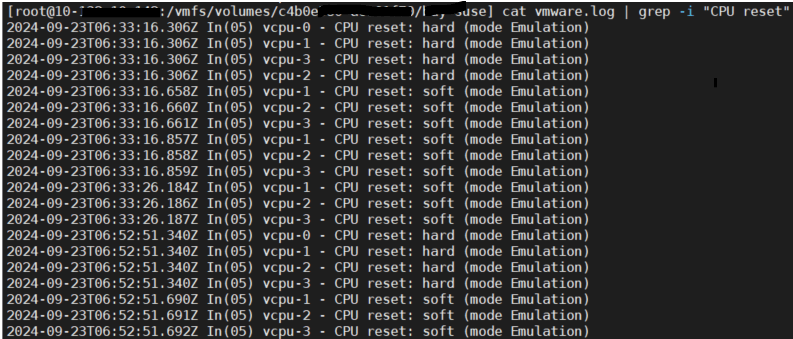 我们在vCenter对着该VM点“重置“，可以看到CPU reset: soft和hard都有