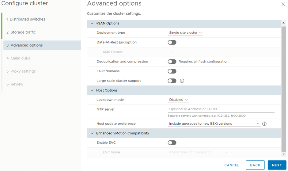 Configure features like data encryption, deduplication, compression, and fault domains.