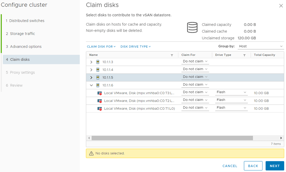 For our example, we configure a single disk group per host, consisting of 1 cache disk + 2 capacity disks.