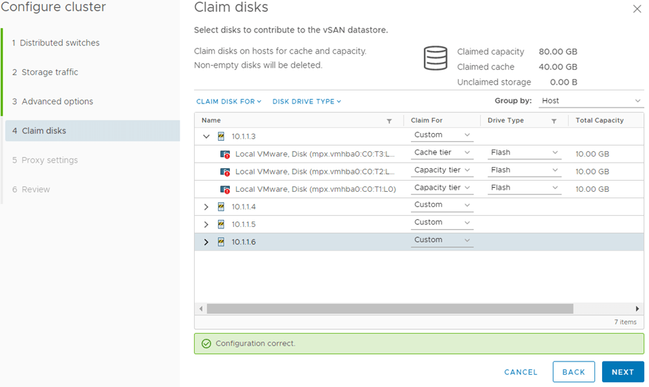 For our example, we configure a single disk group per host, consisting of 1 cache disk + 2 capacity disks.2