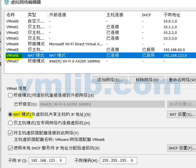 点解添加网络，在新建的VMnet上选NAT模式