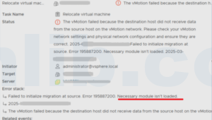 vMotion失败 - 迁移启动失败:必要的模块未加载