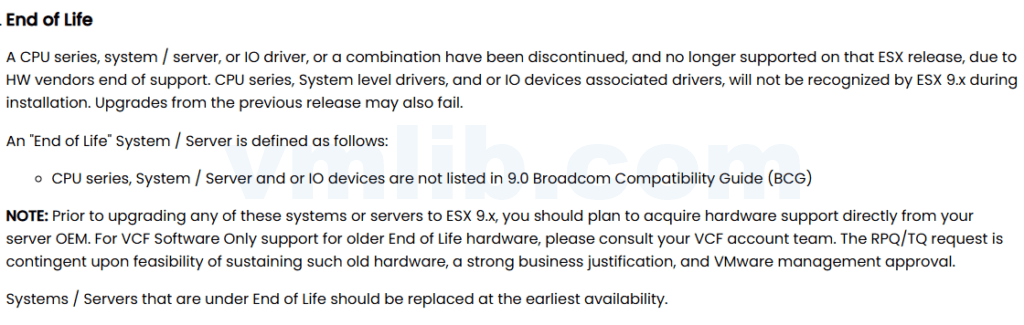 ESX 9.x 中已弃用的 CPU 系统/服务器及支持影响